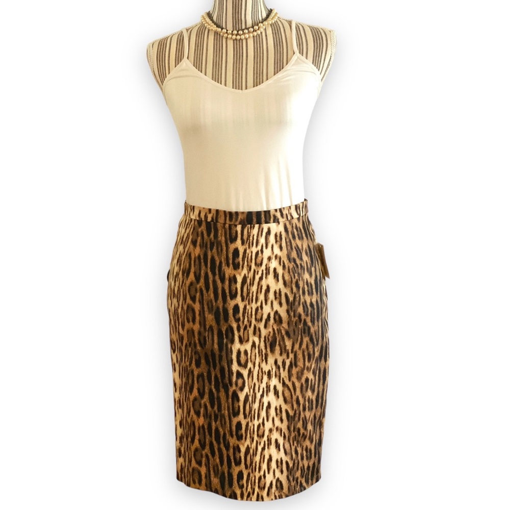 Michael Kors Leopard Print Pencil Skirt Dark Camel High Waist Knee Length sz 2
